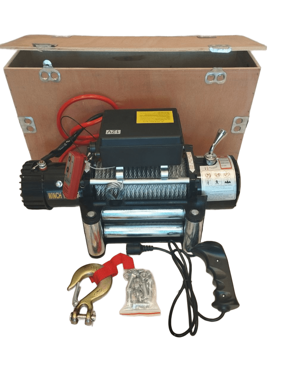Электрическая автомобильная лебедка со стальным тросом 12V Electric Winch комплектация с упаковкой