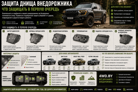 Защита днища китайского внедорожника: что закрывать в первую очередь на JAC T9, BAIC BJ40, Great Wall Poer и Foton Tunland